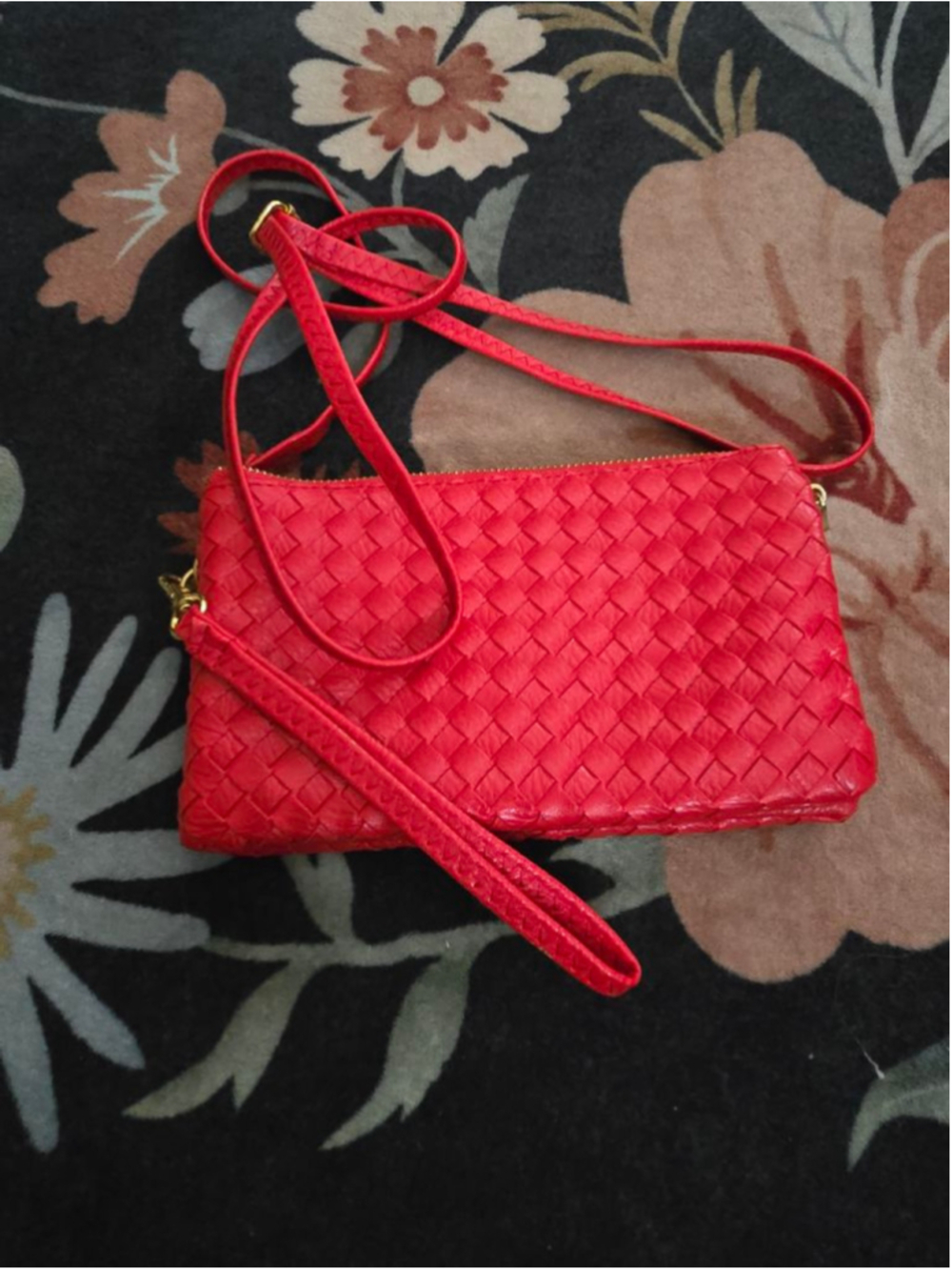 Cherry Red Woven Crossbody Bag Purse Multiple Compartment Compact Purse Wallet